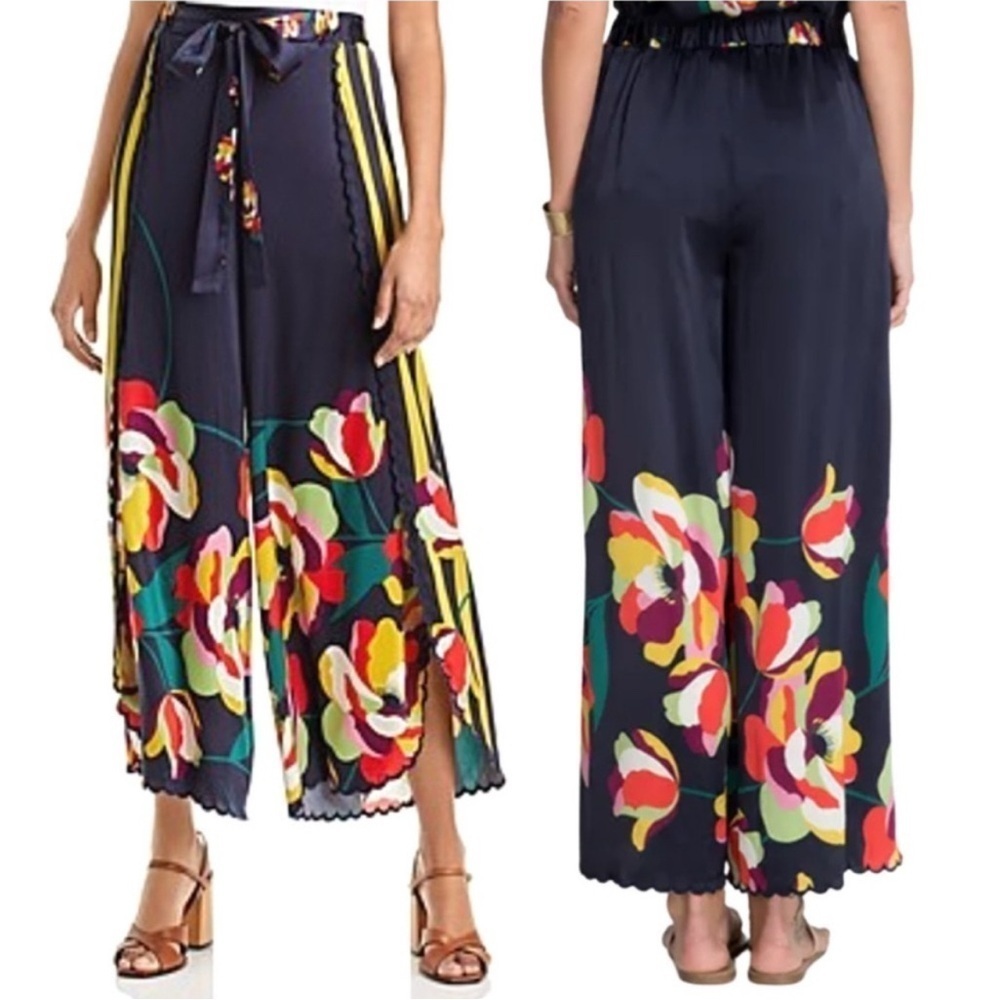 NEW Johnny Was Cassandra Floral Wide-Leg Scallop Tie Elastic Waist Silk Pants
